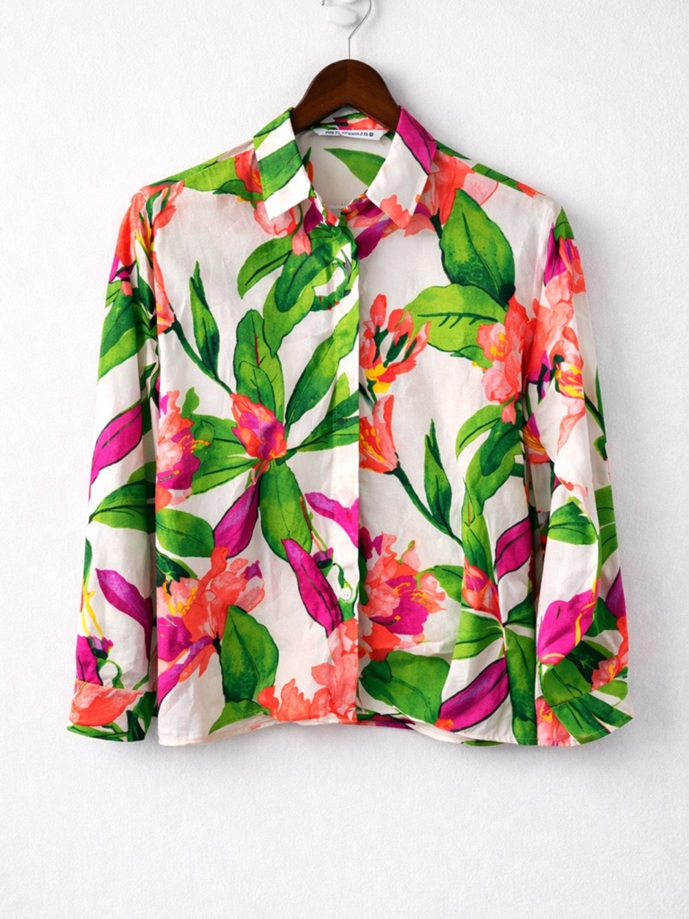 Zara Tropical Floral Button Down Blouse XS Pink Green Resort Shirt - Picture 2 of 8